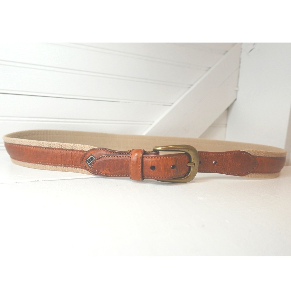Columbia Webbed Canvas Fabric & Leather Belt Men's Size 34 Y2K Preppy Accessory
